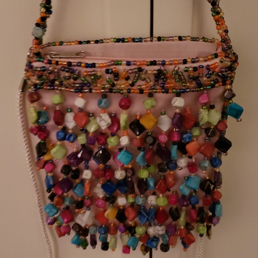 La Viola pink satin candy beaded clutch bag